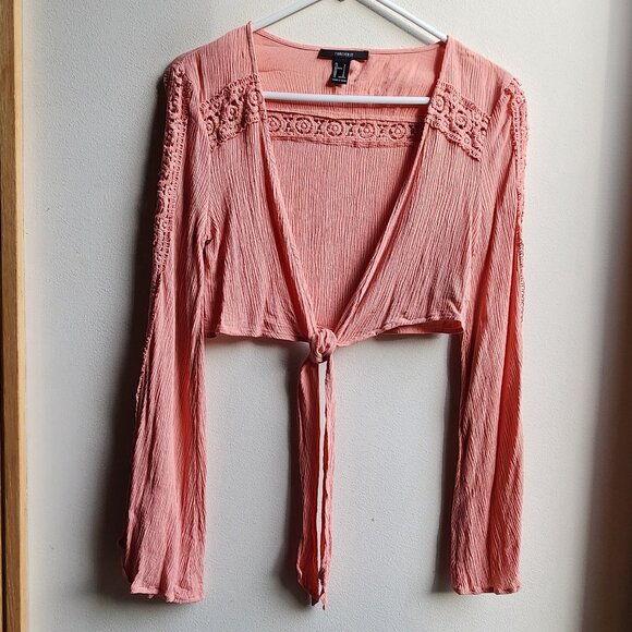 Forever 21 Peachy Pink Crepe Style Cropped Tie Front Bolero Blouse Size Small - Picture 1 of 15